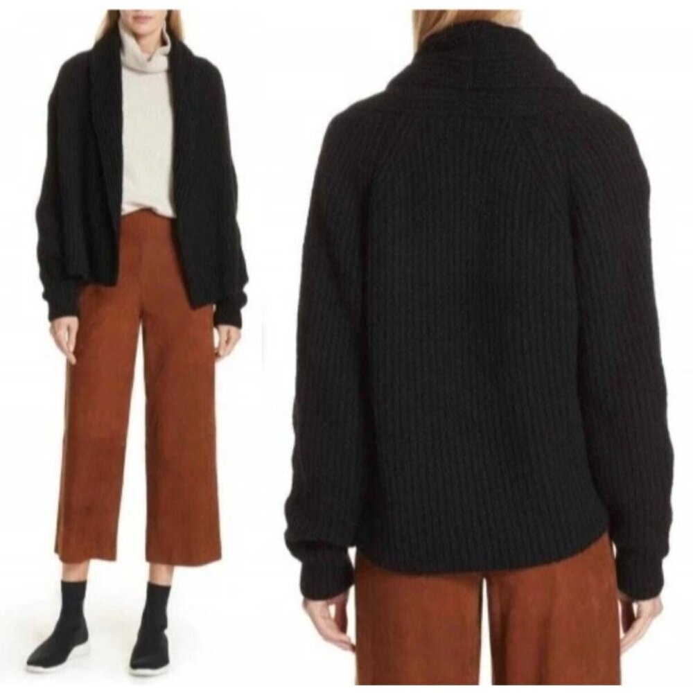 Vince Oversize Shawl Collar Soft Plush WoolBlend Rib Knit Cardigan Black XS $465
